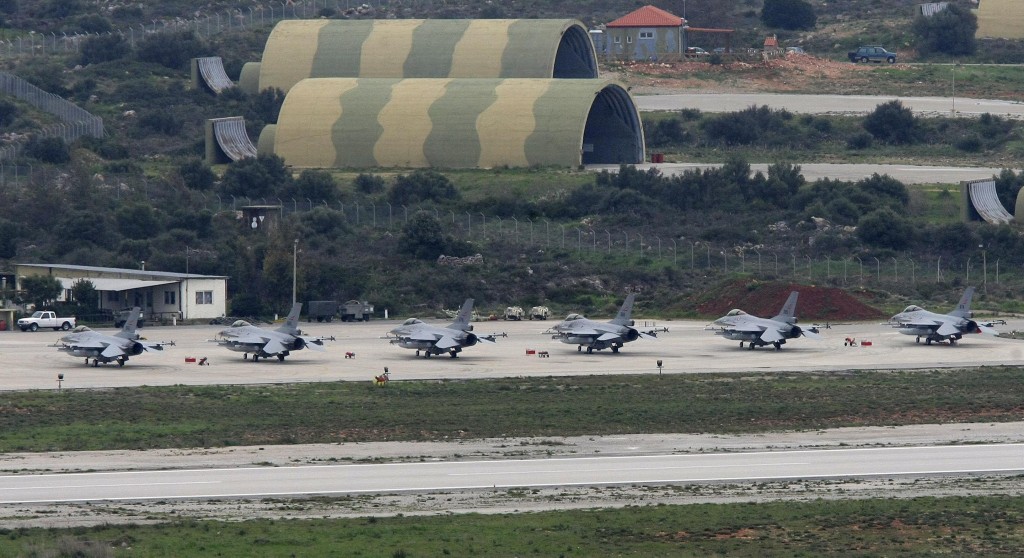 Six Norwegian F-16 jets are seen on tarmac of a NATO military base in Souda on the island of Crete