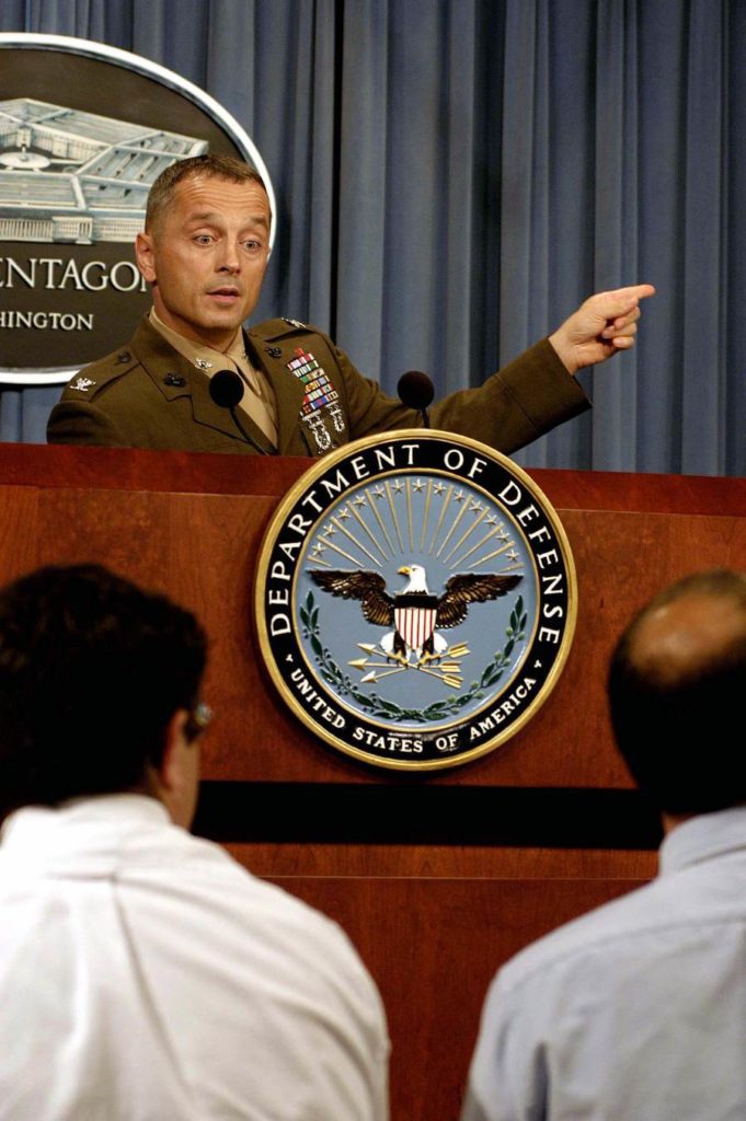030910-D-2987S-054 Colonel Matthew Bogdano, USMC, responds to a reporter's question during a Pentagon press briefing Sept. 10, 2003. Bogdano, the leader of the team investigating the looting of Iraqi antiquities during Operation Iraqi Freedom, discusses his findings. DoD photo by Helene C. Stikkel (for review)