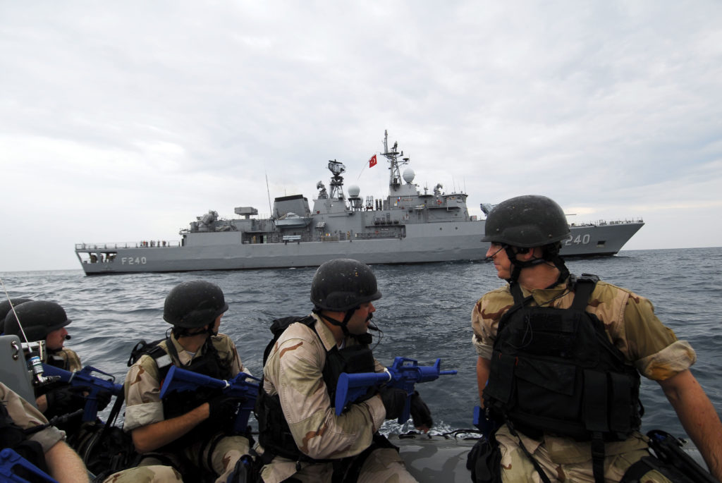 100719-N-7638K-399 BLACK SEA (July 19, 2010) The visit, board, search and seizure team assigned to the guided-missile frigate USS Taylor (FFG 50) prepares to board the Turkish Navy frigate TCG Yavuz (F 240) during exercise Sea Breeze 2010. Sea Breeze is an annual multinational exercise designed to strengthen maritime partnerships in the Black Sea region in the spirit of partnership for peace. (U.S. Navy photo by Mass Communication Specialist 1st Class Edward Kessler/Released)