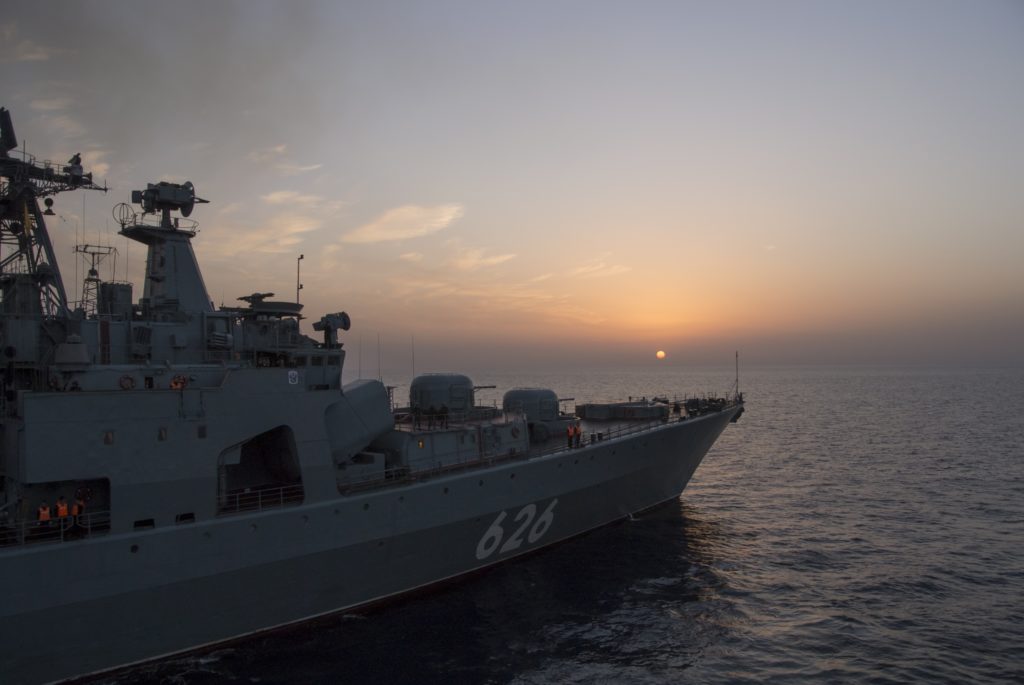 The Russian navy destroyer Vice Admiral Kulakov on patrol in eastern Mediterranean on Thursday, Jan. 21, 2016. Russian warships equipped with an array of long-range missiles cruise off Syria's coast to back the air campaign in Syria and project Moscow's naval power in the Mediterranean. (AP Photo/Vladimir Isachenkov)