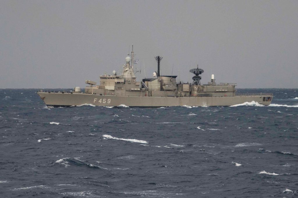 Greek Navy Frigate Adrias manoeuvres into position off the starboard bow of Her Majesty’s Canadian Ship (HMCS) CHARLOTTETOWN (not pictured) while conducting Replenishment at Sea (RAS) approaches during EXERCISE NAIAS NERAS in the Mediterranean Sea, December 13, 2016. EXERCISE NAIAS NERAS is an international naval exercise that aims to improve the interoperability of allied naval forces with a focus on gunnery, naval boarding and anti-submarine warfare. Photo: Cpl Blaine Sewell, Formation Imagery Services RP10-2016-0126-001