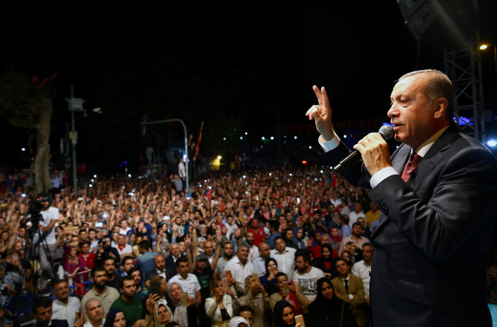 Turkish President Tayyip Erdogan addresses his supporters outside his residence in Istanbul, Turkey, early July 19, 2016, in this handout photo provided by the Presidential Palace. Kayhan Ozer/Presidential Palace/Handout via REUTERS ATTENTION EDITORS - THIS PICTURE WAS PROVIDED BY A THIRD PARTY. FOR EDITORIAL USE ONLY. NO RESALES. NO ARCHIVE.