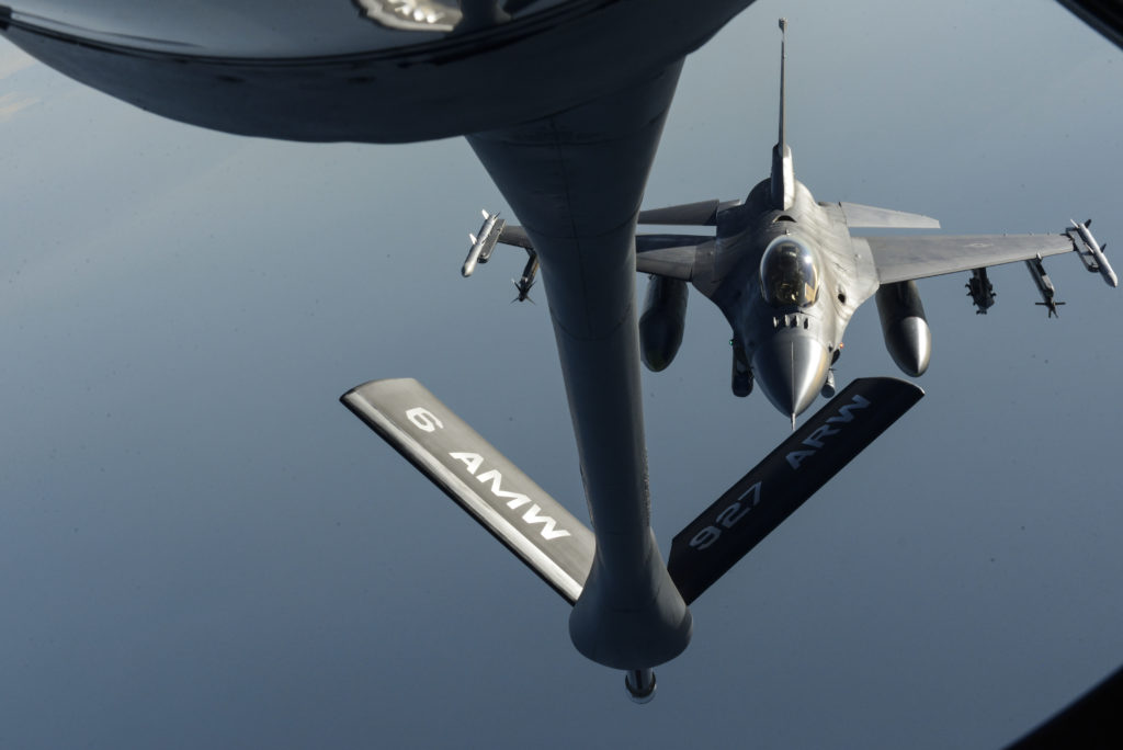 A KC-135 Stratotankerassigned to the 63rd Air Refueling Squadron,927th Operations Group at MacDill Air Force Base, Fla.,refules an F-16 Fighting Falcon fighter aircraftassigned to the 480th Expeditionary Fighter Squadron, during a flying training deployment at Souda Bay, Greece, Feb. 2, 2016.The aircraft conducted the training as part of the bilateral deployment between Greek and U.S. air forces to develop interoperability and cohesion between the partnering nations. (U.S. Air Force photo by Staff Sgt. Christopher Ruano/Released)