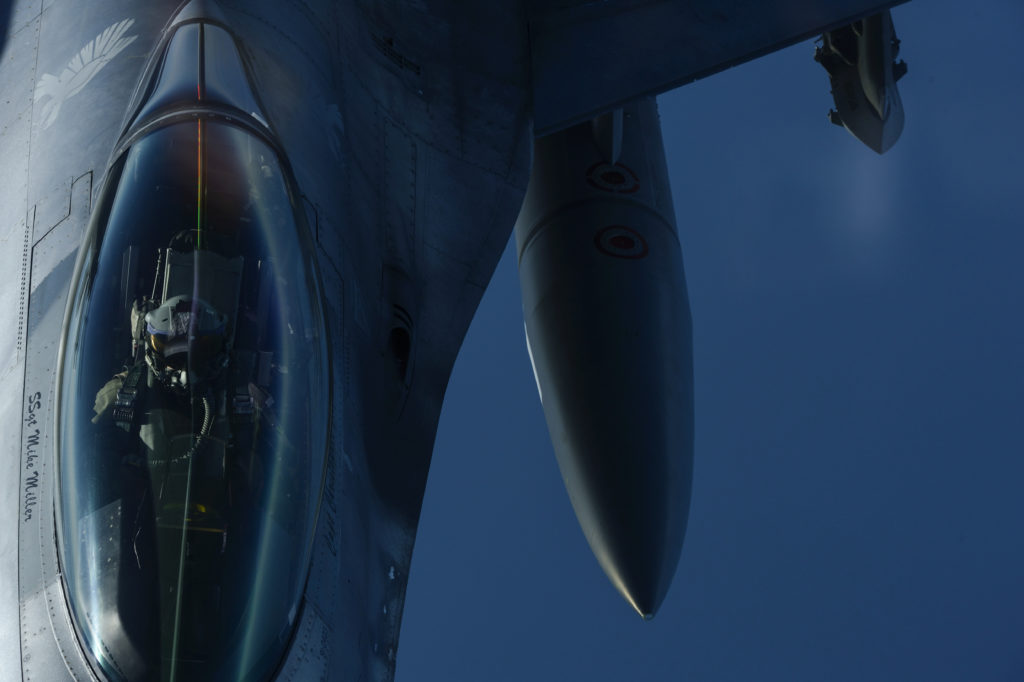 A KC-135 Stratotanker assigned to the 63rd Air Refueling Squadron, 927th Operations Group at MacDill Air Force Base, Fla., refuels an F-16 Fighting Falcon fighter aircraft assigned to the 480th Expeditionary Fighter Squadron, Spangdahlem Air Base, Germany, during a flying training deployment at Souda Bay, Greece, Feb. 2, 2016.Approximately 300 personnel and 18 F-16s from the 52nd Fighter Wing at Spangdahlem Air Base, Germany, will support the FTD as part of U.S. Air Forces in Europe-Air Forces Africa's Forward Ready Now stance. (U.S. Air Force photo by Staff Sgt. Christopher Ruano/Released)