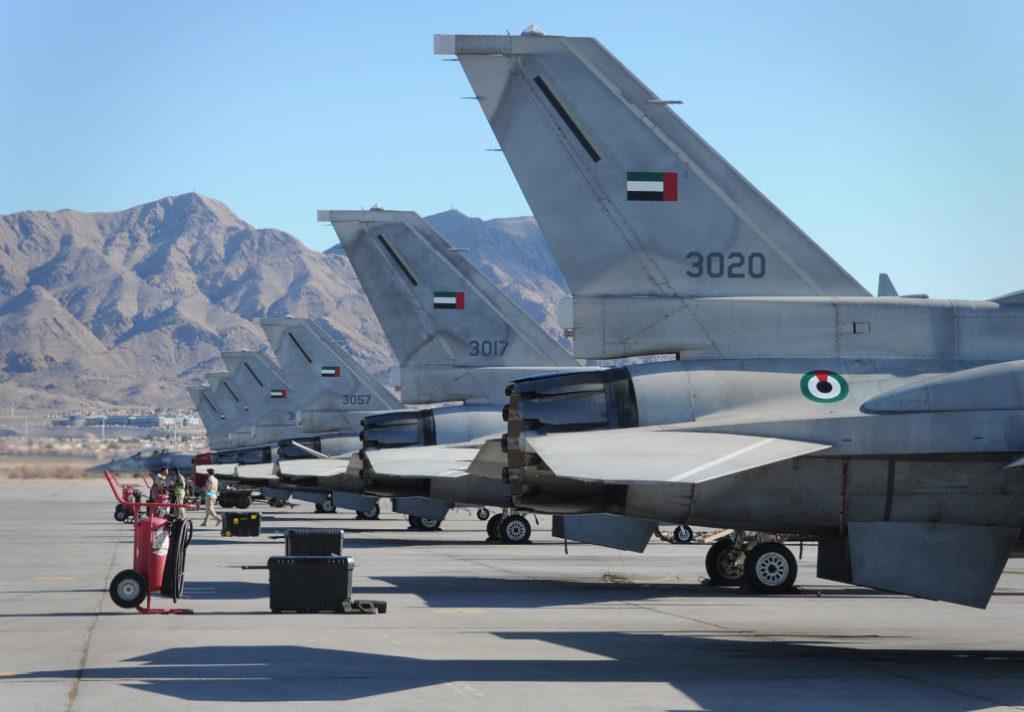 NELLIS AIR FORCE BASE, Nev. -- F-16 Desert Falcons from the United Arab Emirates air force are lined up on the flightline after returning from a mission during Red Flag 11-2 Jan. 31. The United Arab Emirates air force is participating in a Red Flag exercise to strengthen international relations and training for the second time. (U.S. Air Force photo/Staff Sgt. Benjamin Wilson)