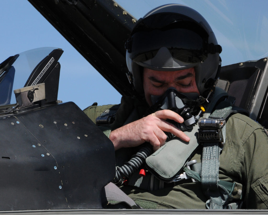 Lt. Col. Thomas Kilroy, 93rd Fighter Squadron, assistant director of operations, prepares for a local area orientation flight at Andravida Air Base, Greece, Mar. 24, 2017. Kilroy will participate in INIOHOS 17 a exercise conducted to strengthen the relationship with NATO allies and partner nations. (U.S. Air Force photo by Staff Sgt. Ciara Gosier)