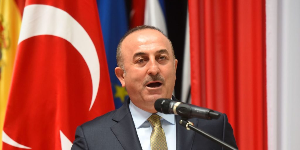 Turkish Foreign Minister Mevlut Cavusoglu speaks during a joint press conference offered along with Paraguayan Foreign Minister Eladio Loizaga (out of frame) at the Foreign Ministry in Asuncion on January 31, 2017. / AFP / Norberto DUARTE (Photo credit should read NORBERTO DUARTE/AFP/Getty Images)