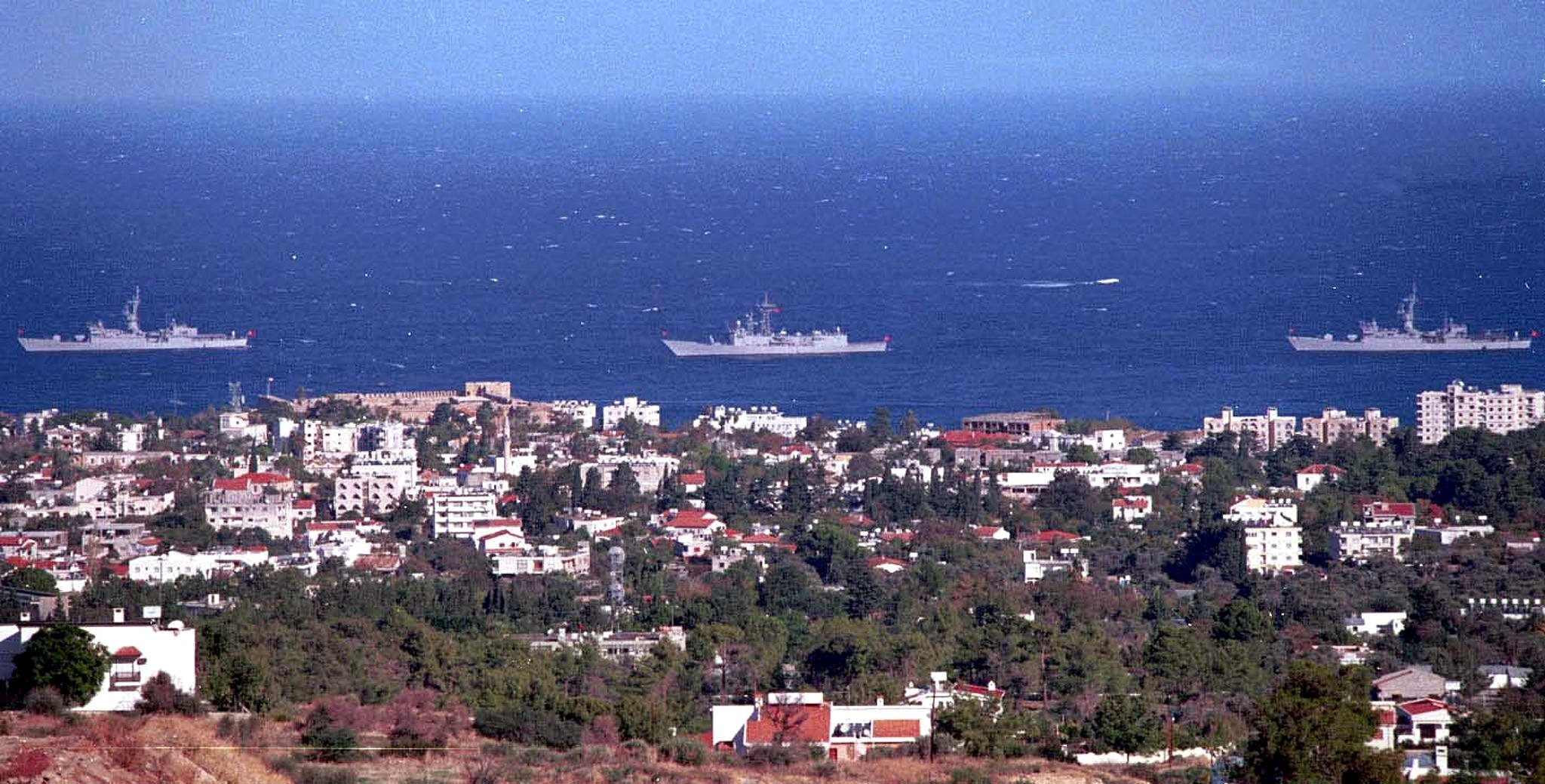 CYP02-19991124-KYRENIA, CYPRUS: Three Turkish Navy frigates as part of a fleet of six warships, arriving in the northern Cypriot port of Kyrenia on Wednesday, 24 November 1999, where military manoeuvres are planned for the next days, according to a Turkish Cypriot military official. Four frigates, one submarine and one tanker are taking part in military manoeuvres between 25-27 November carried out in international waters off northern Cyprus in the Mediterranean. EPA PHOTO EPA/-/kr