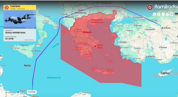 Airbus A400M της Τουρκικής Πολεμικής Αεροπορίας  πραγματοποίησε  πτήση από την Αεροπορική Βάση του Ικονίου προς τη Μισράτα της Λιβύης (εκτός Eλληνικού FiR -χάρτης)
